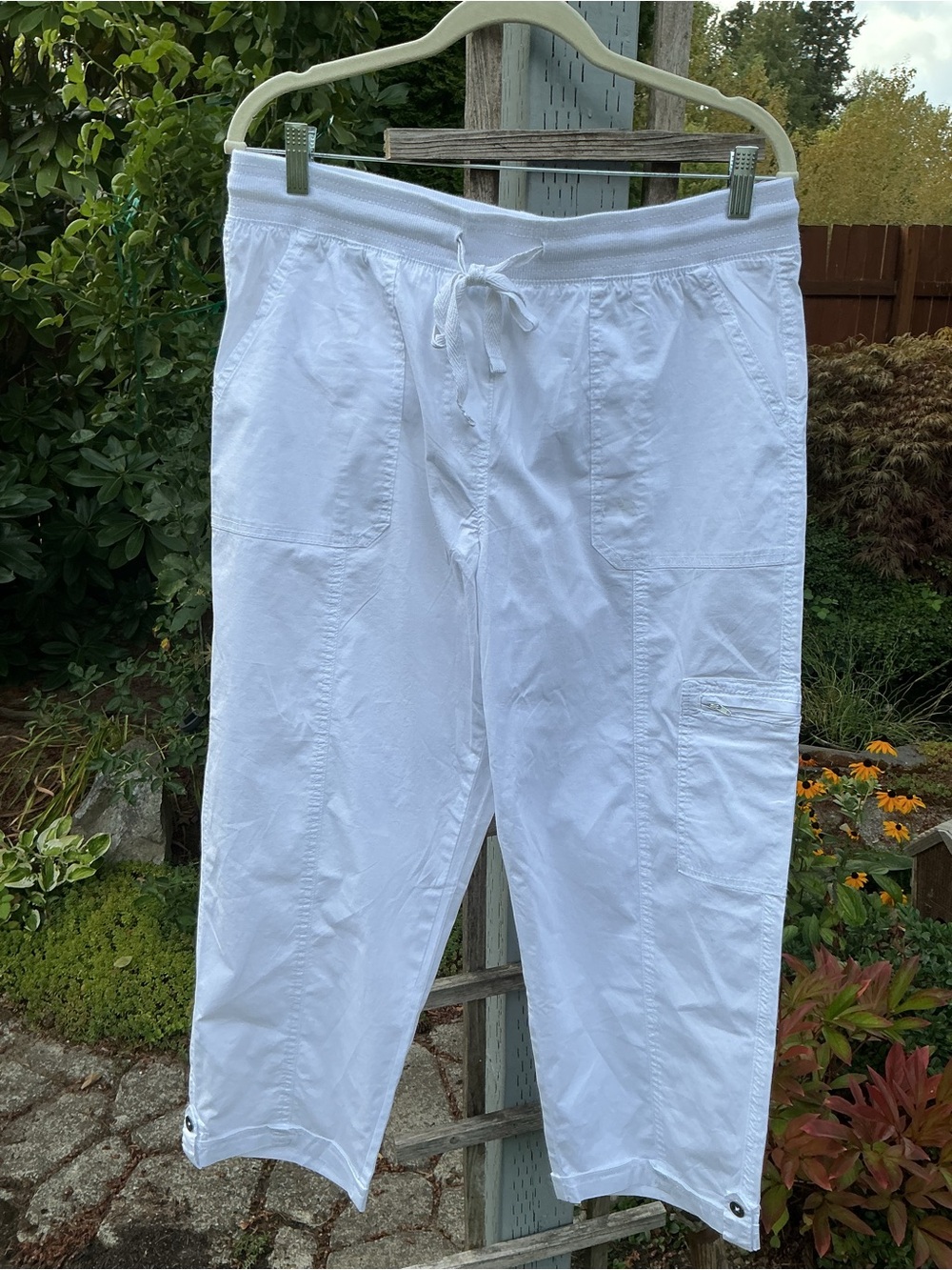 Ladies White Cargo Drawstring Pants - Casual Utility Style